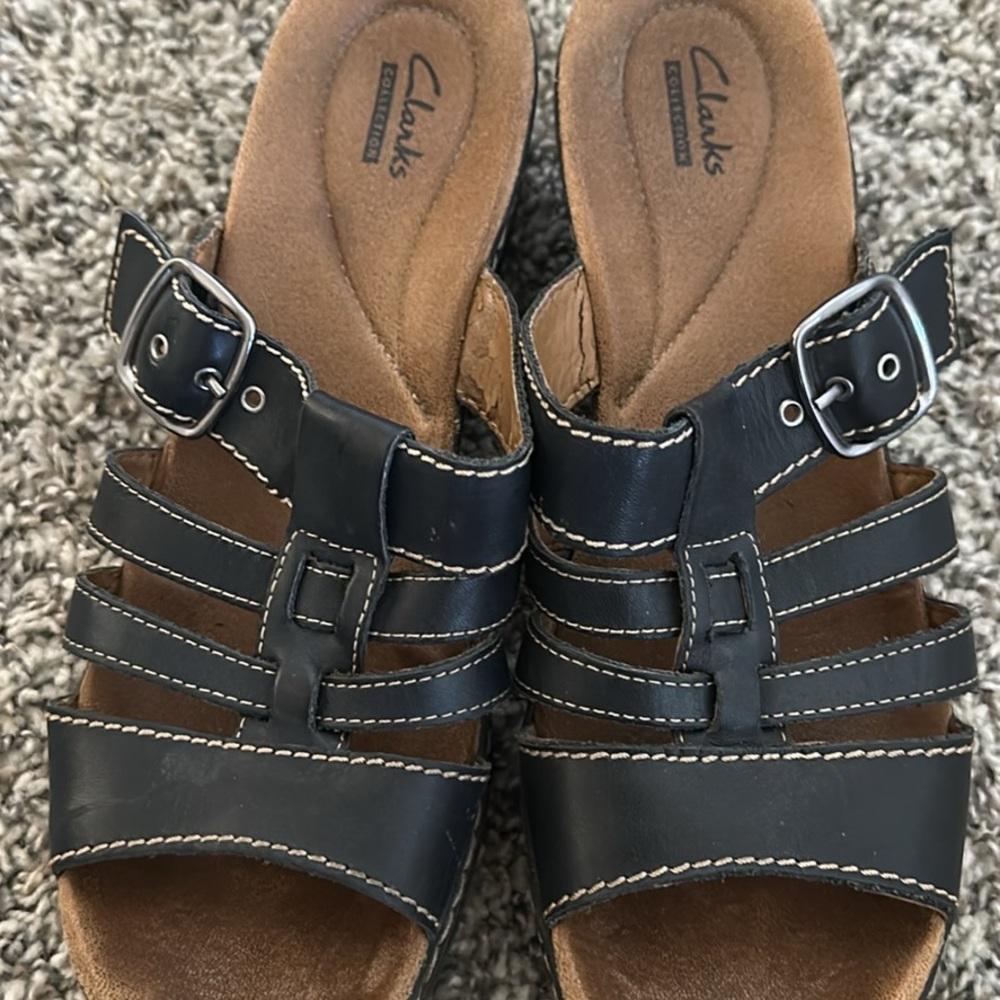 Clarks Navy Leather Strappy Sandals